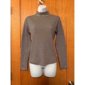 Vintage Paris Sport Club Mock Neck Striped Ribbed Top Brown Tan White Women's